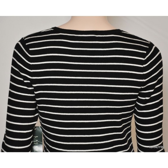 Lauren by Ralph Lauren KERWYN Striped Cotton Henley Sweater Black M/L Nwt $89 - Picture 4 of 5